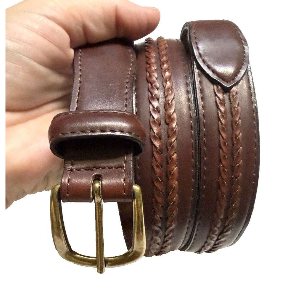 L.K. Bennett Vintage Genuine Leather Brown Belt Mens Size 42 Solid Brass Buckle